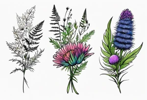 small vertical mixed wildflower bouquet with ferns, thistle and with color tattoo idea