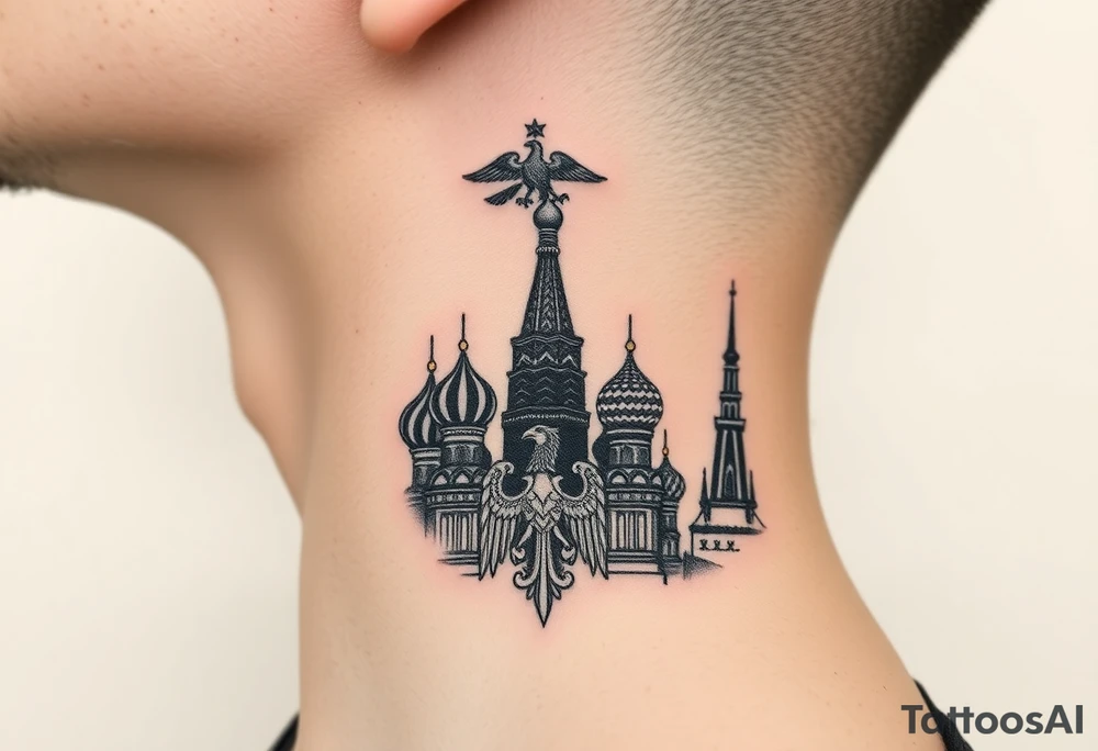 St. George 
3 russian imperial crowns above the Russian coat of arms double eagle
Russian sabre
The Kremlin or St. Basil's Cathedral scene 
on the side of my neck tattoo idea