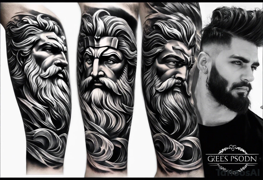 Full left arm tattoo sleeve with the Greek gods, Zeus, Poseidon and Hades. Zeus face is at the left shoulder, Poseidon face is at the left upper arm and Hades face is at the left forearm. tattoo idea