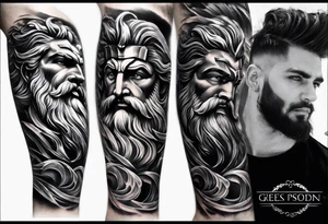 Full left arm tattoo sleeve with the Greek gods, Zeus, Poseidon and Hades. Zeus face is at the left shoulder, Poseidon face is at the left upper arm and Hades face is at the left forearm. tattoo idea
