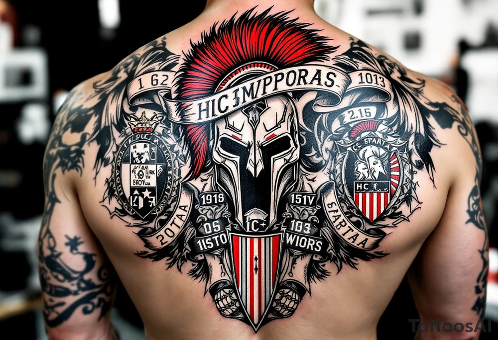 A full back tattoo of HC Sparta’s historic victories with dates, crests, and a red-and-silver color scheme. tattoo idea