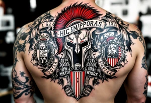A full back tattoo of HC Sparta’s historic victories with dates, crests, and a red-and-silver color scheme. tattoo idea