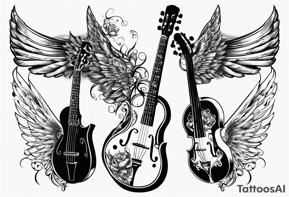 GUITAR LEANING AGAINST A VIOLIN WITH ANGLE WINGS tattoo idea