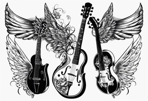GUITAR LEANING AGAINST A VIOLIN WITH ANGLE WINGS tattoo idea