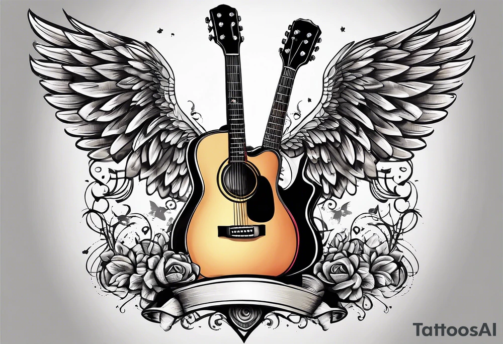 Microphone and musical notes and guitar and wings tattoo idea