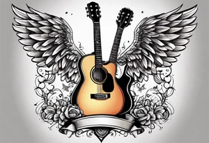 Microphone and musical notes and guitar and wings tattoo idea
