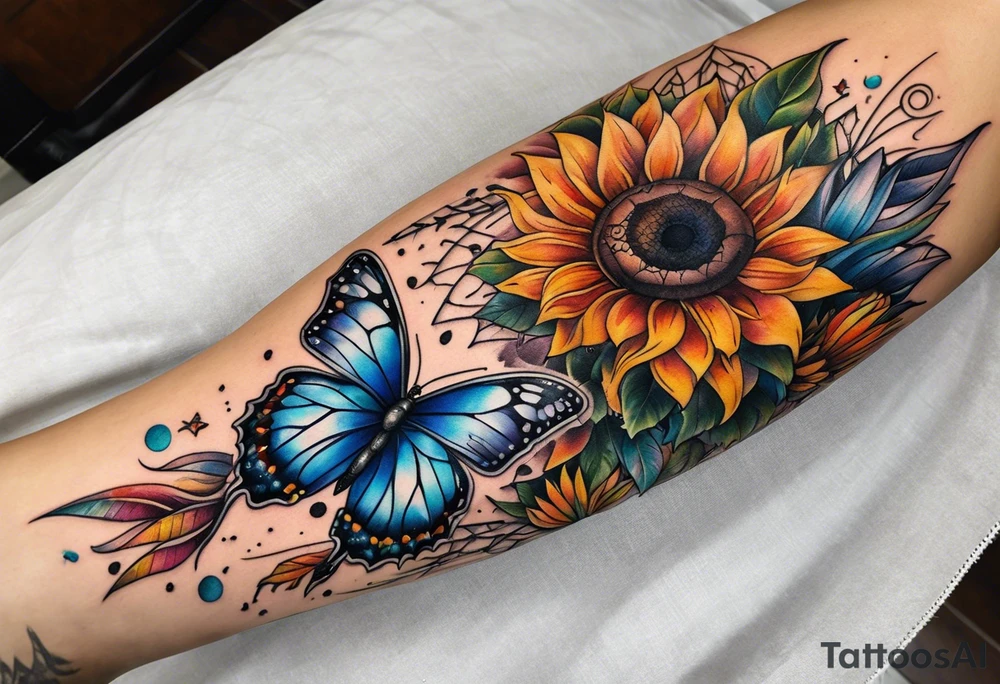 Quarter Leg sleeve with dreamcatcher, rainbow sunflowers and one butterfly tattoo idea