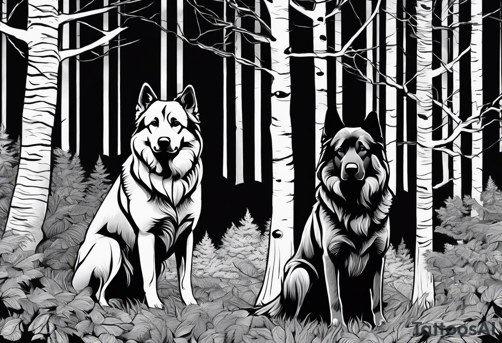 two norwegian elkhounds guarding a dark forest. Make them appear royal tattoo idea