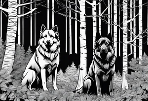 two norwegian elkhounds guarding a dark forest. Make them appear royal tattoo idea