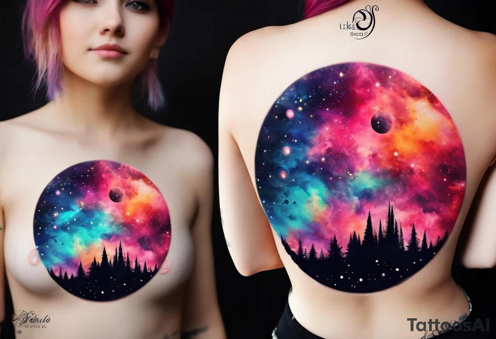 I want a nebula space galaxy s kinda shape 
tattoo that's colorful and bright and cute and is nice to look at I don't want a traditional circle I want it like the ones thay look like an s shape and this tattoo will be on my left buttcheek and light colors I want more spread and less circle side to life Left to right tattoo idea