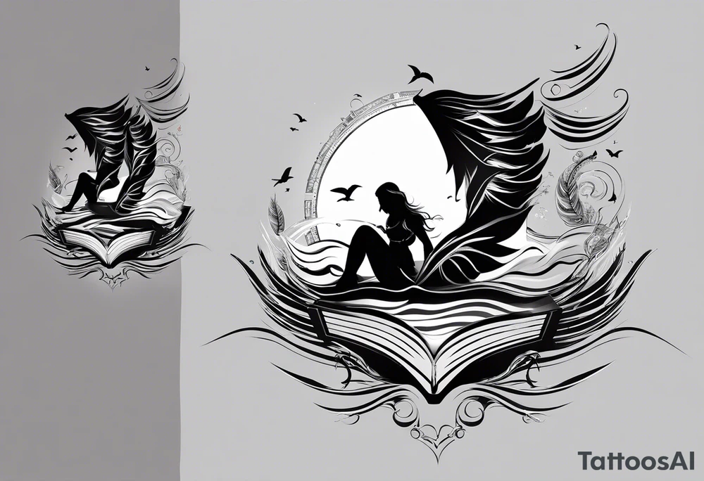 Someone is sitting on the beach reading a book and the pages are flying in the wind, the purpose of the tattoo is to emphasize that just as the pages are flying in the wind, you also have to flip through situations in life tattoo idea