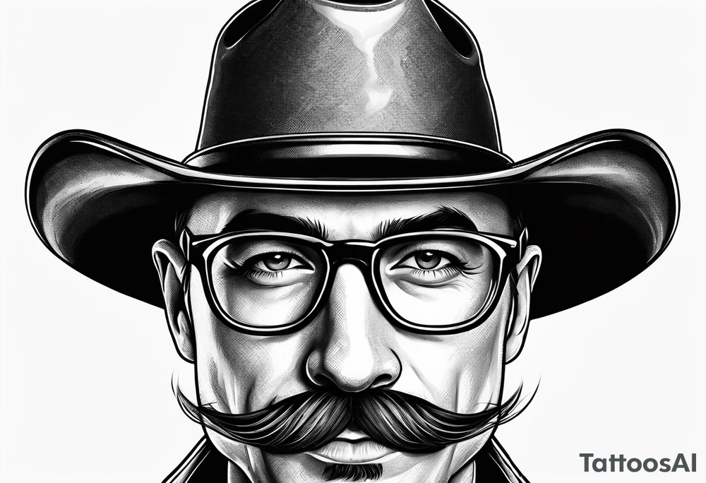 Wire rim glasses with a cowboy hat and handlebar mustache tattoo idea