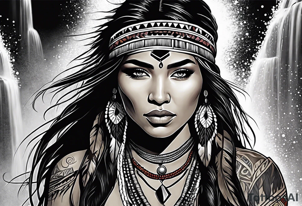 A native American Indian woman by a waterfall she is Aquarius water barrer she has tattoos and her eyes can see right through you tattoo idea
