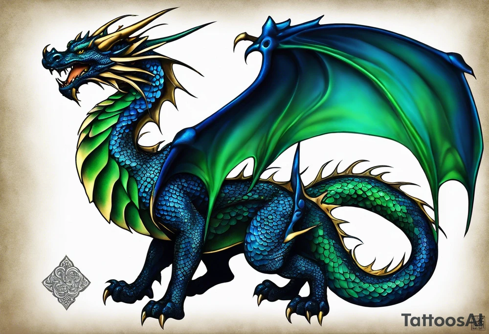 An epic wingless dragon, its body coiling dynamically, with scales and horns detailed to create a sense of movement and strength. The dragon's main color is dark blue but features accents in green, blue, and gold, giving a vibrant depth and a mystical aura. This tattoo highlights the dragon’s fierce expression and sharp claws as it wraps protectively around the leg. Style: Realism tattoo idea