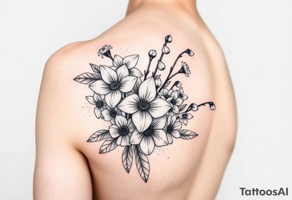 realistic bouquet of daffodils, daisies, lily of the valley on woman upper arm sleeve tattoo idea