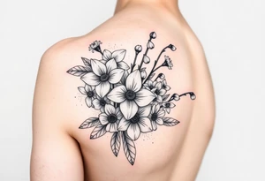 realistic bouquet of daffodils, daisies, lily of the valley on woman upper arm sleeve tattoo idea