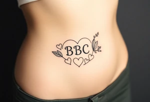 text reading "BBC" across a womb tattoo surrounded by hearts tattoo idea