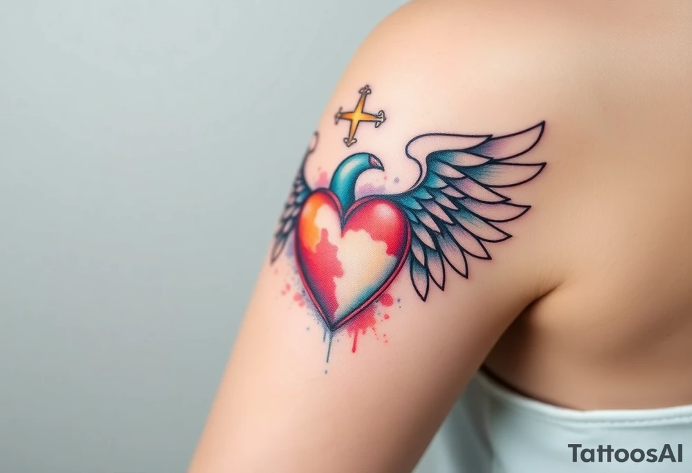 catholic sacred heart with angel wings tattoo idea
