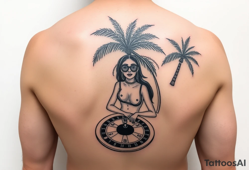 palm tree beach background gambler miami girl roulette on forearm tattoo idea