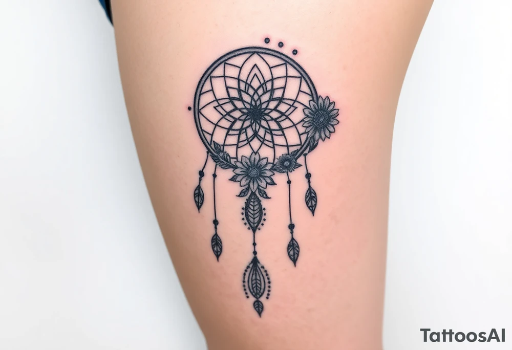 Dreamcatcher with zodiac symbols and protection runes caught in it with tigerlillies roses and sunflowers tattoo idea