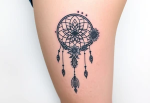 Dreamcatcher with zodiac symbols and protection runes caught in it with tigerlillies roses and sunflowers tattoo idea