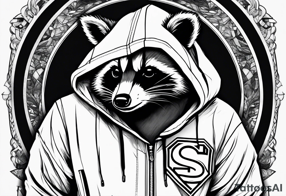 raccoon wearing a Superman hoodie tattoo idea