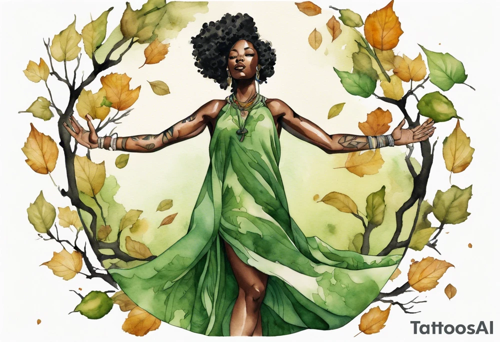 a black woman wearing a green tunic with the lower-half of a tree, her arms raised towards the sun, her roots spreading wide into a field of fallen leaves tattoo idea