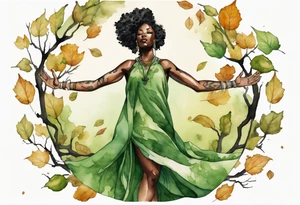 a black woman wearing a green tunic with the lower-half of a tree, her arms raised towards the sun, her roots spreading wide into a field of fallen leaves tattoo idea
