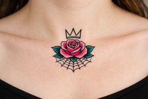 Pink and petrol rose , petrol leaves no stem, minimalist crown above it, crown is black and white and has no gems, crown has three spikes , resembles the basquiat crown , spider web beneath tattoo idea