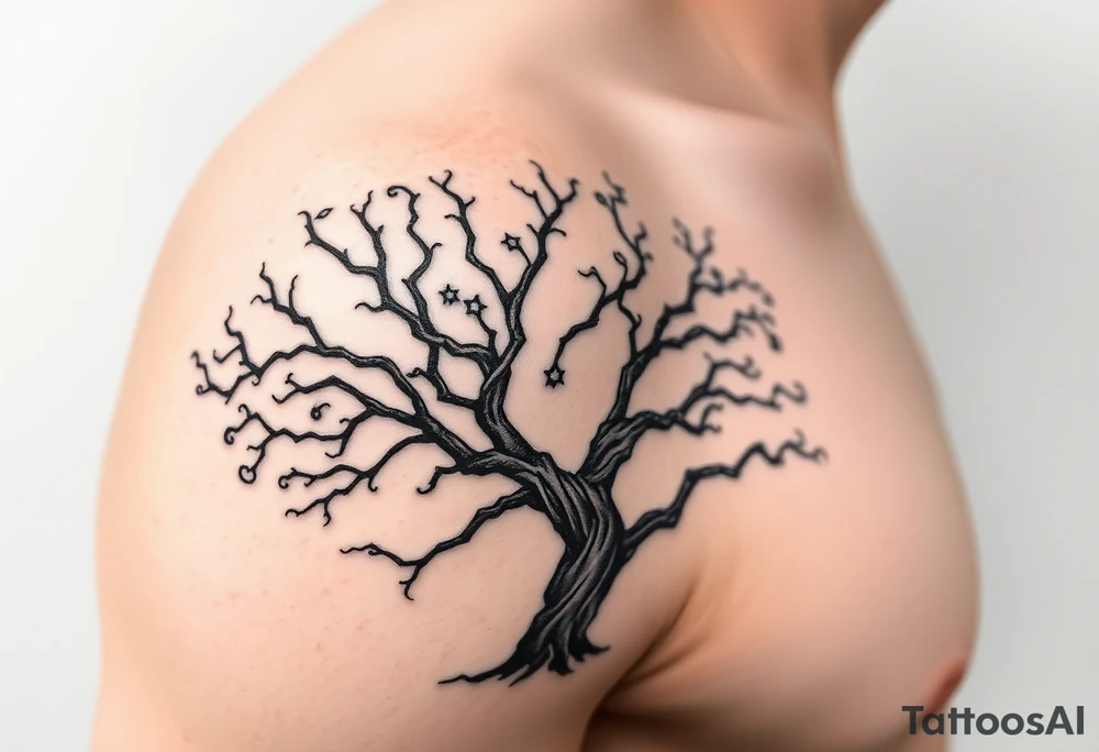 Flowing asymmetrical symbolic tree quarter sleeve on shoulder. Bold and simple branches that do not look realistic. Tree of gondor with seven stars tattoo idea