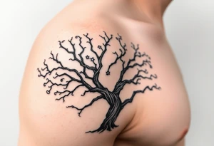 Flowing asymmetrical symbolic tree quarter sleeve on shoulder. Bold and simple branches that do not look realistic. Tree of gondor with seven stars tattoo idea