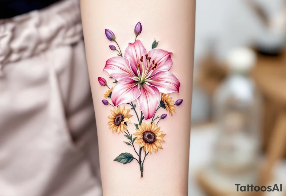 stargazer lillies in light pink with small sunflowers and peonies and purple tulip buds in a dainty wildflower bouquet with stems tattoo idea