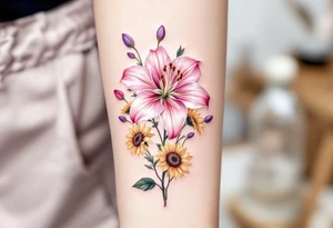 stargazer lillies in light pink with small sunflowers and peonies and purple tulip buds in a dainty wildflower bouquet with stems tattoo idea