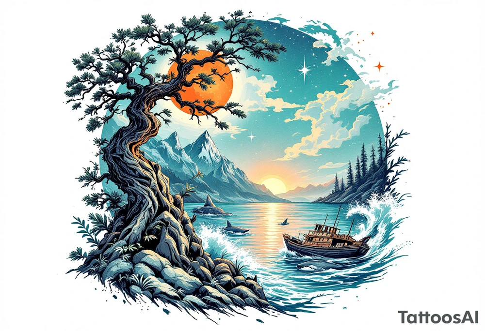 tattoo that has an acacia tree with mountains, ocean with a ship wreck with sharks and the bright northern star tattoo idea