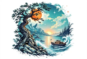 tattoo that has an acacia tree with mountains, ocean with a ship wreck with sharks and the bright northern star tattoo idea
