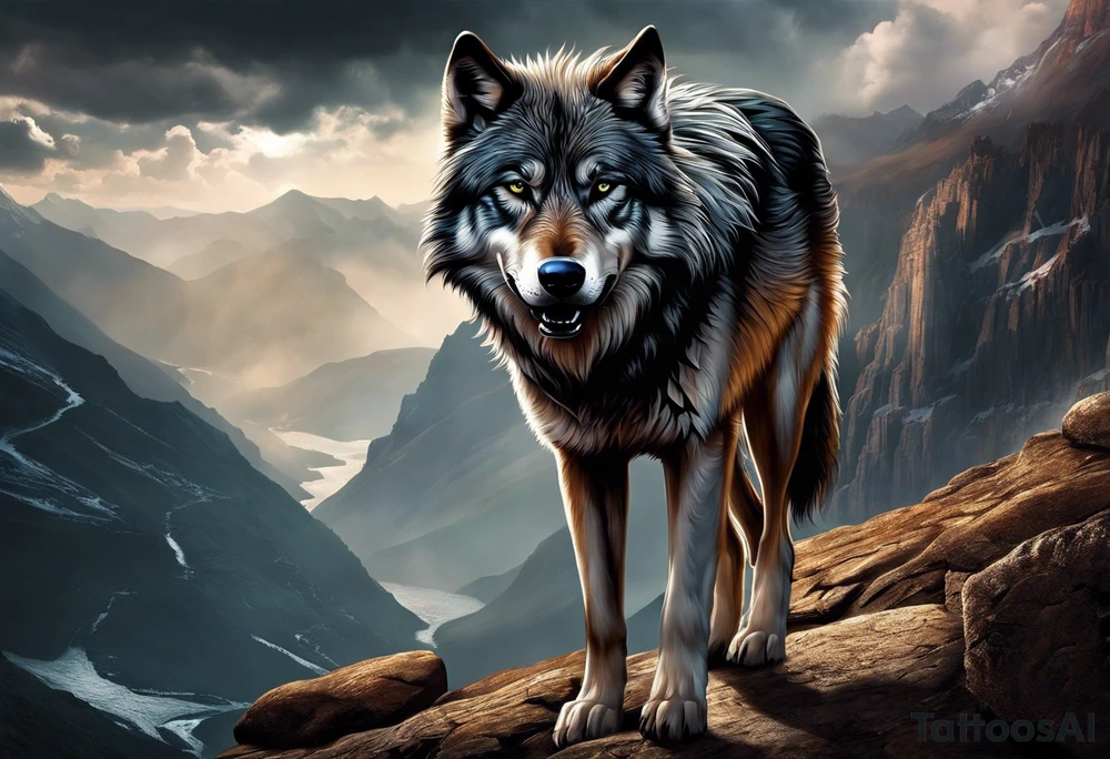 tattoo of a lone wolf navigating through a rugged landscape, with each obstacle representing a life battle – rocky terrain symbolizing challenges, storm clouds signifying hardships, and wild rivers representing struggles. The wolf is depicted with piercing eyes and a determined expression, embodying resilience and strength as it forges ahead. In the background, a subtle glow of sunlight breaks through the clouds, symbolizing hope and perseverance. Alongside the wolf, the phrase "Endure and Conquer" is inscribed in bold, minimalist lettering, encapsulating the theme of overcoming adversity with resilience and determination. tattoo idea