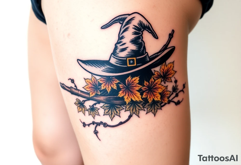 Which is broom with handle
 a witches hat with fall maple leaves and vines tattoo idea