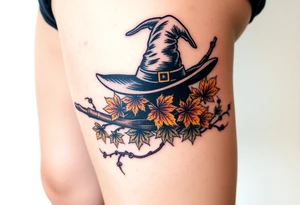 Which is broom with handle
 a witches hat with fall maple leaves and vines tattoo idea