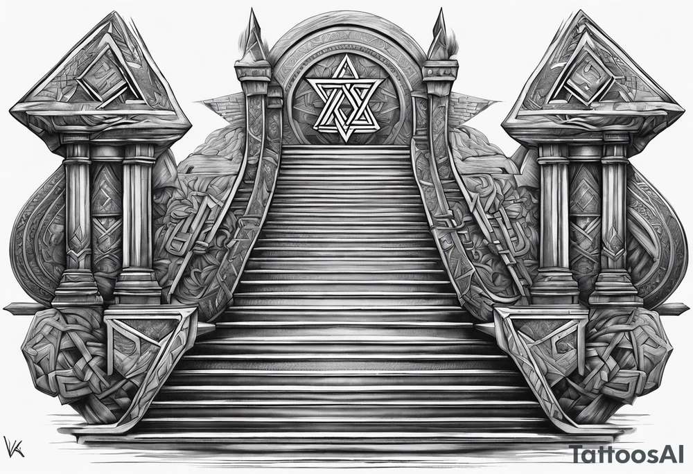 Valhalla sword shield  axe Valknut stairs tattoo idea
