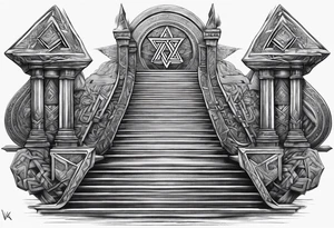 Valhalla sword shield  axe Valknut stairs tattoo idea