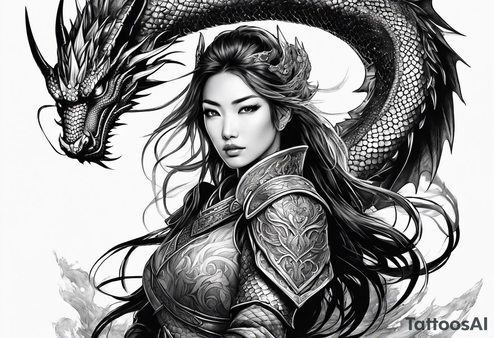beautiful warrior woman wearing dragon armor and a dragon flying tattoo idea