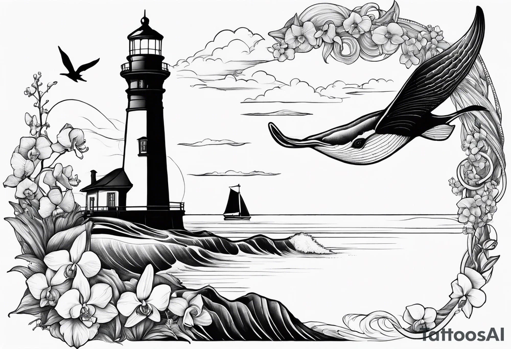 Lighthouse on a beach with a humpback whale's tail sticking out of the water of the ocean with a border containing an anchor and orchids tattoo idea