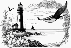 Lighthouse on a beach with a humpback whale's tail sticking out of the water of the ocean with a border containing an anchor and orchids tattoo idea