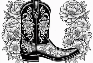 Cowboy boot with bouquet of chrysanthemum, carnations and marigolds inside of boot tattoo idea