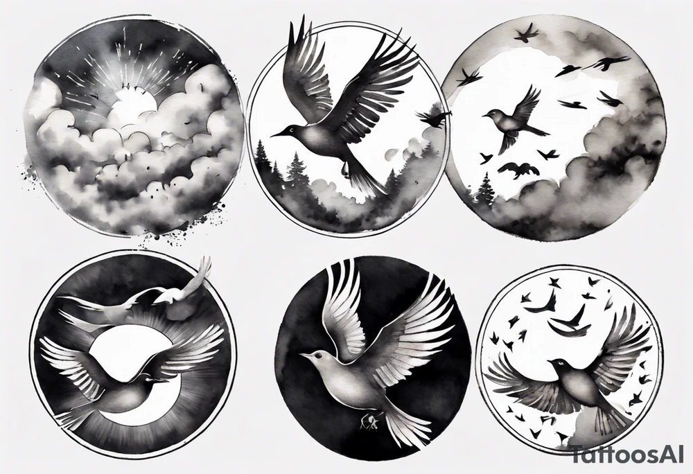 shoulder tattoo with light rays with birds flying free among the clouds, round shape, 3d effect tattoo idea