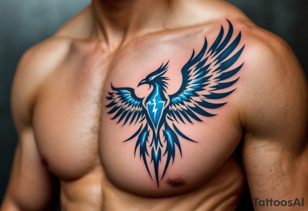 A blue and white thunderbird with lightning motifs and angular tribal lines. tattoo idea
