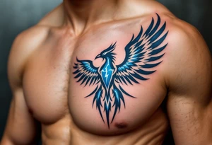 A blue and white thunderbird with lightning motifs and angular tribal lines. tattoo idea