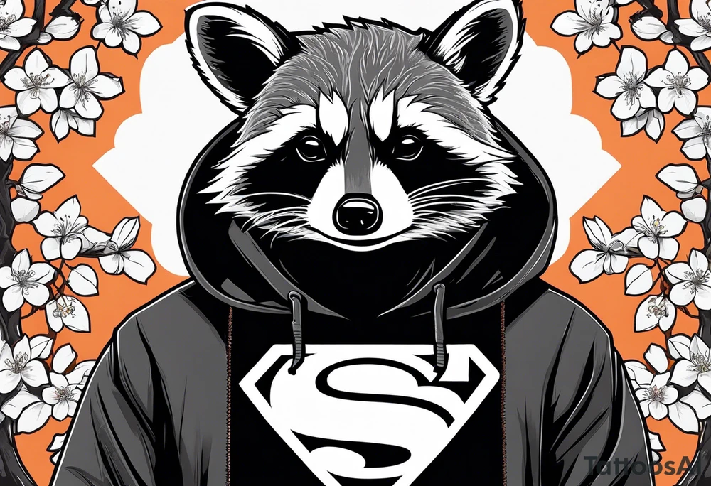 Raccoon wearing a white Superman logo on a black hoodie and orange Japanese cherry blossoms tattoo idea