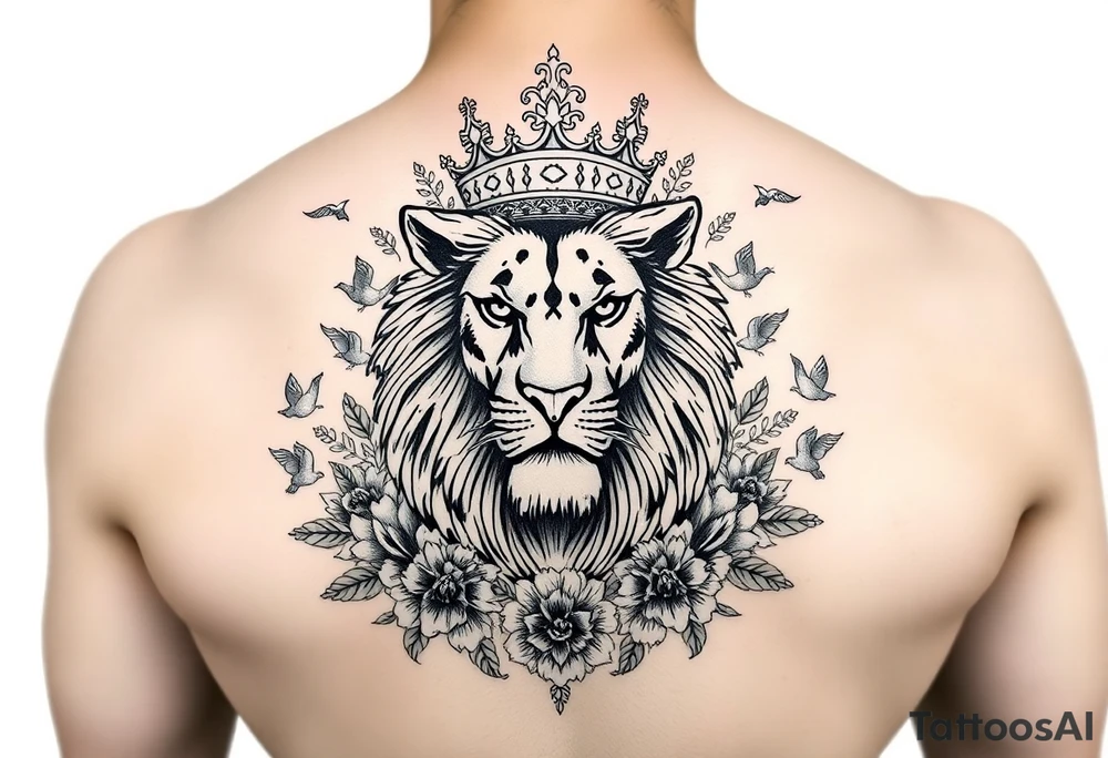 powerful majestic lion with a crown, surrounded by floral ornaments and birds tattoo idea