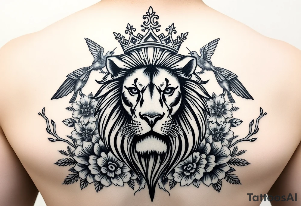 powerful majestic lion with a crown, surrounded by floral ornaments and birds tattoo idea